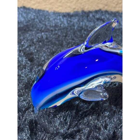 Handcrafted Glass Dolphin Figurine In Vibrant Blue & Clear Design 4' Long - Picture 2 of 8